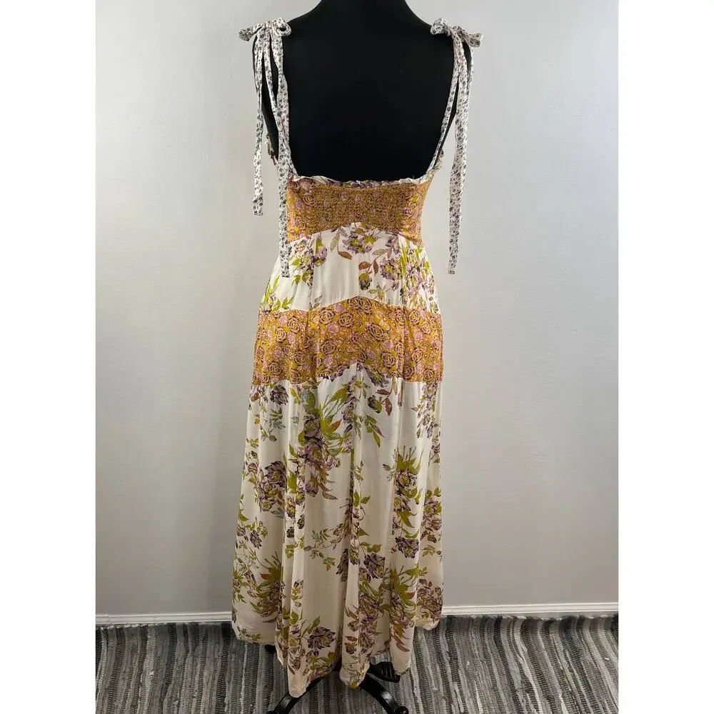 FREE PEOPLE Light Combo Lover Boy Tie Strap Button Up Maxi Dress OB902389 Boho 0 - Picture 6 of 10